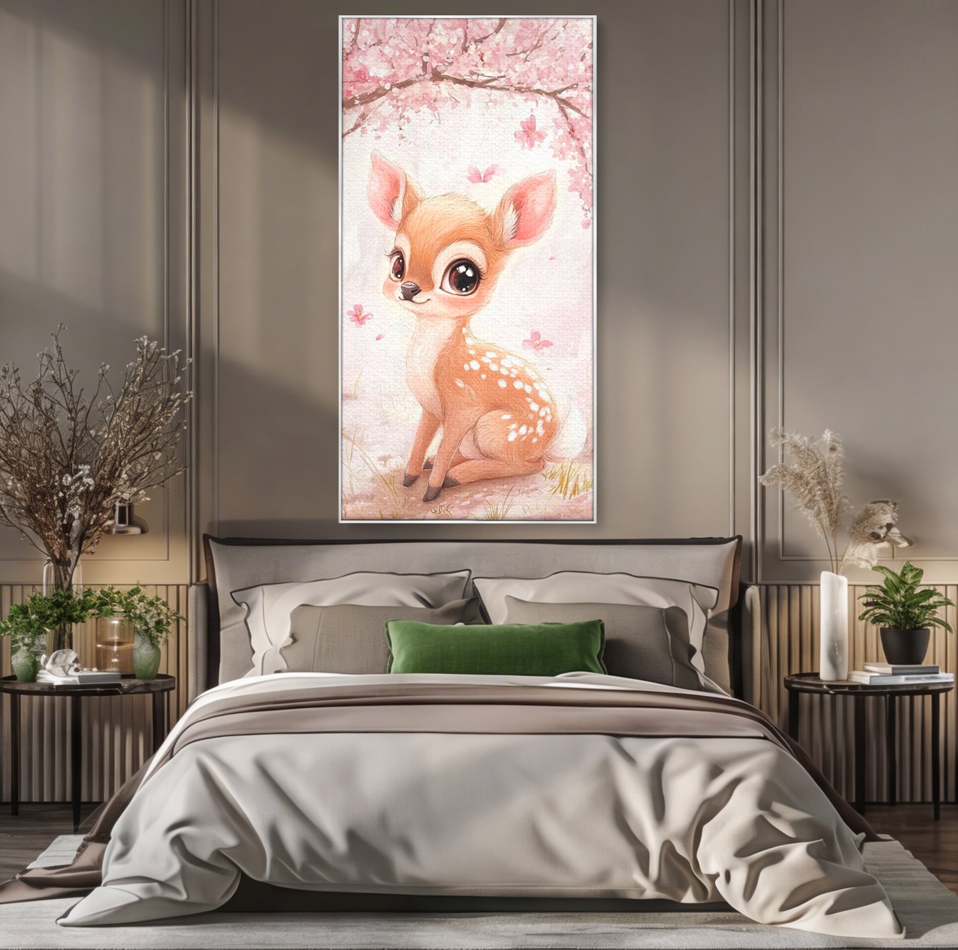 Tablou canvas cu ilustratie cu un pui de caprioara, in rama de aluminiu argintiu, pe perete intr-un dormitor